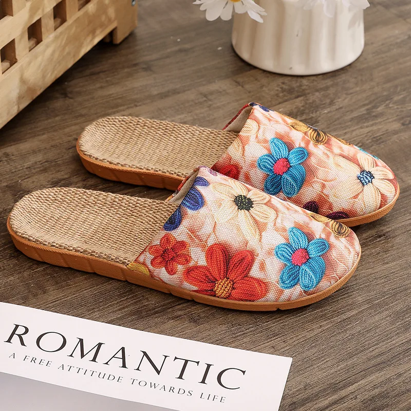 Весенне-осенние удобные тапочки с ретро-принтом, женские подходящие домашние нескользящие дышащие туфли из конопли на мягкой подошве