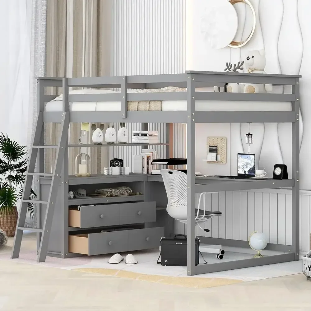 Space-Saving Wood Loft Bed with Desk and Shelves, Suitable for Kids, Teens, and Adults, Grey
