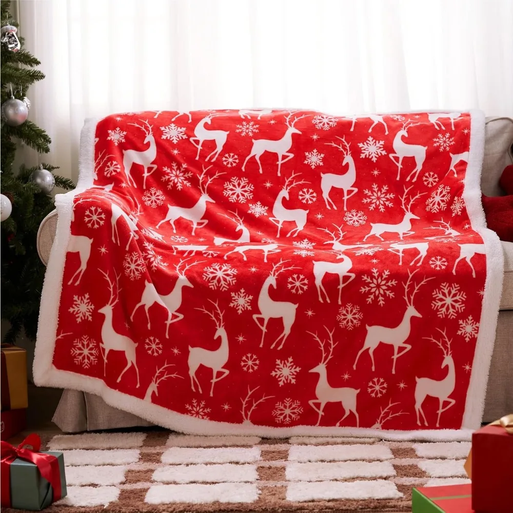 

Christmas Throw Blanket - Soft Sherpa Fleece Christmas Blanket - Reversible Warm Plush Holiday Decorative Throw- Red Reindeer