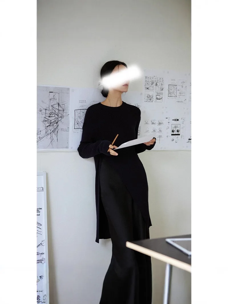 

Knee Length Pullovers Black Sweaters Jumpers Women High-Necked Fine All Seasons College Mothers Hoods Pure Splicing Straight Bow