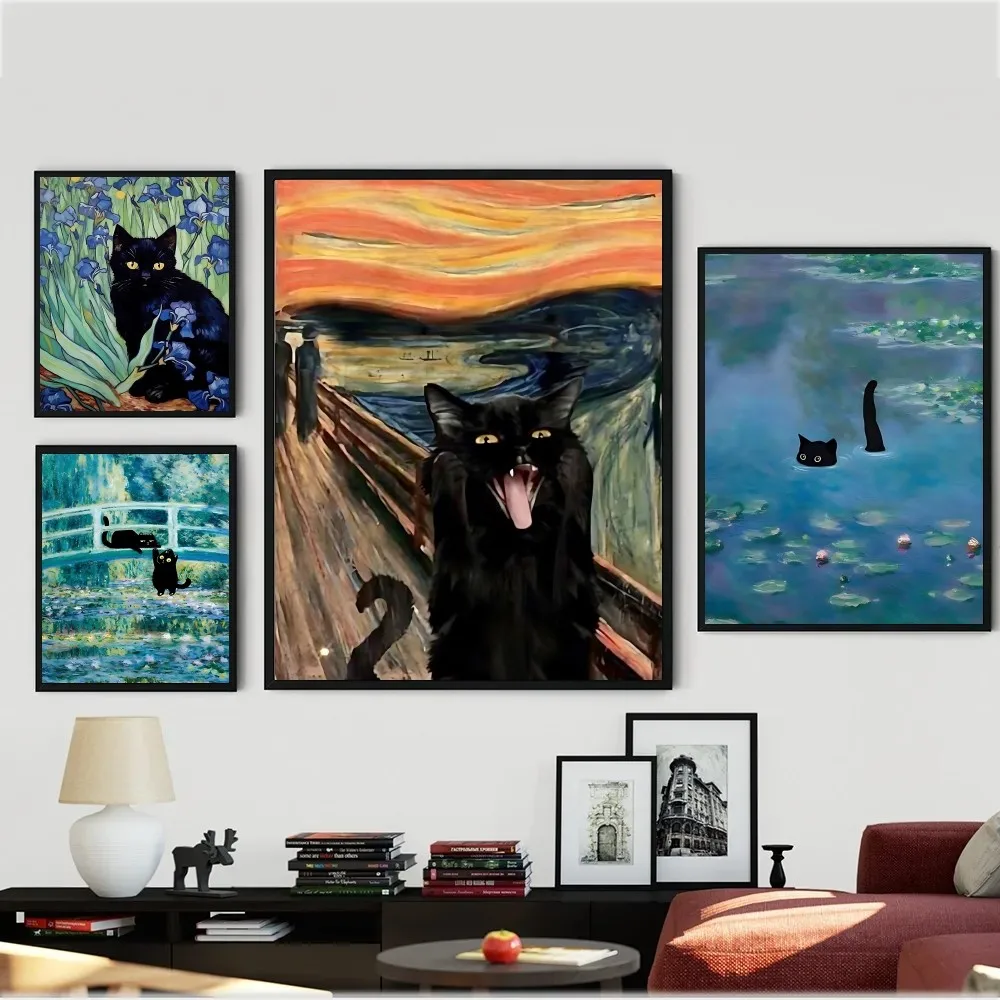 Funny Art Matisse Monet Black Cat Van Gogh Sunflowers Poster Kraft Paper Wall Art Painting Study Aesthetic Art Wall Stickers