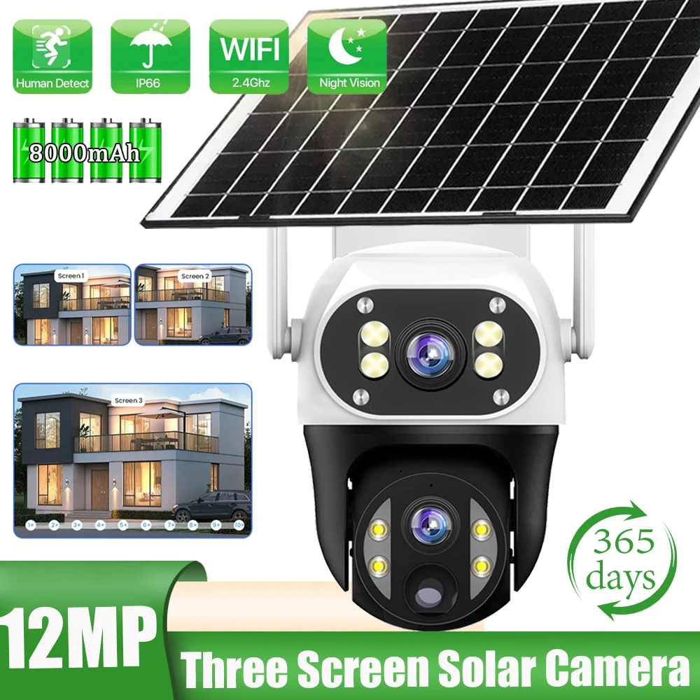 

Wireless WiFi Solar Outdoor Surveillance Camera 6K 12MP Built-in Battery Human Detection Alarm Dual Lens Video CCTV Cameras V380