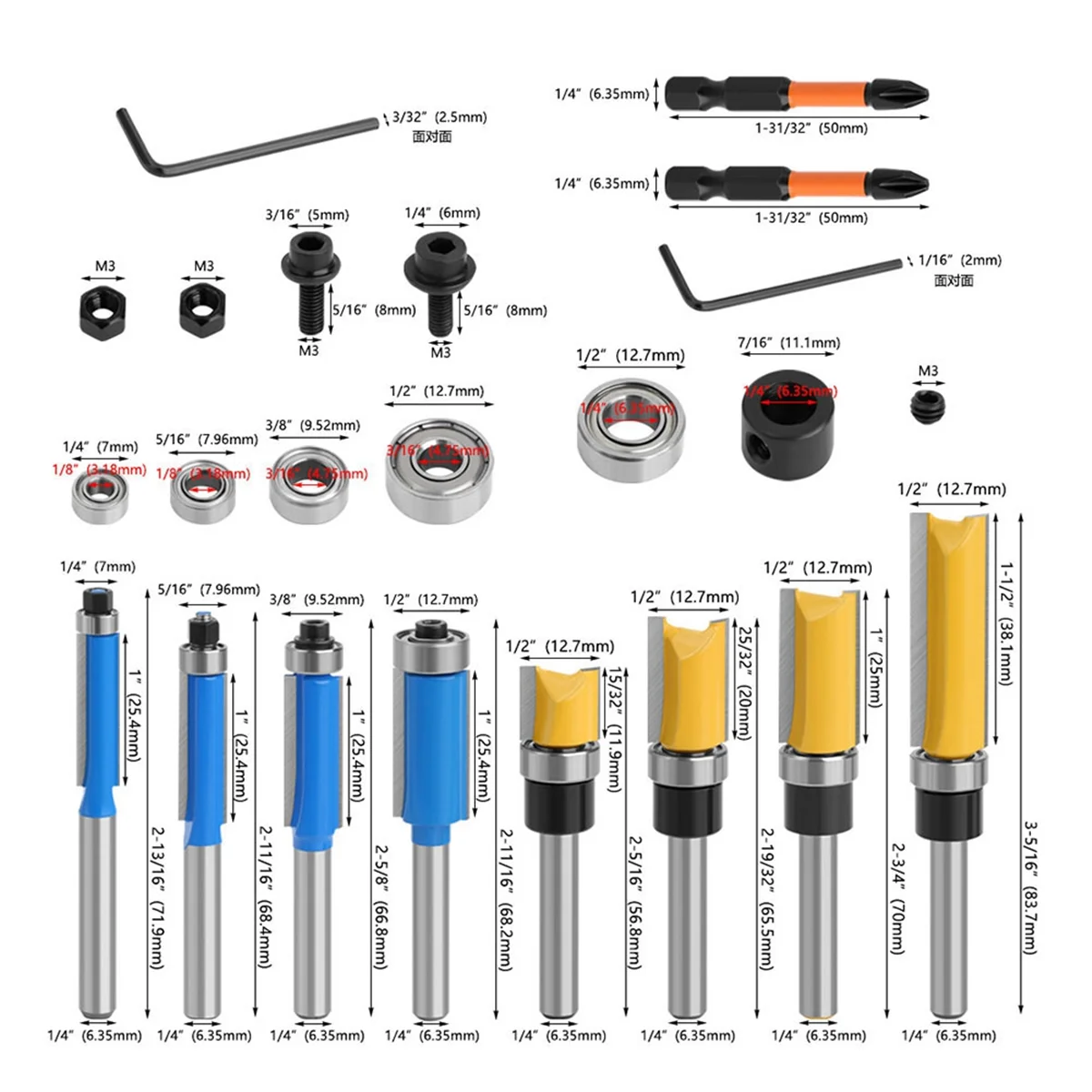 

10PCS Router Bits, Including 4 Flush Trim Router Bits 1/4 Shank, 4 Pattern Flush Trim Router Bits with 2 Impact Bits Et