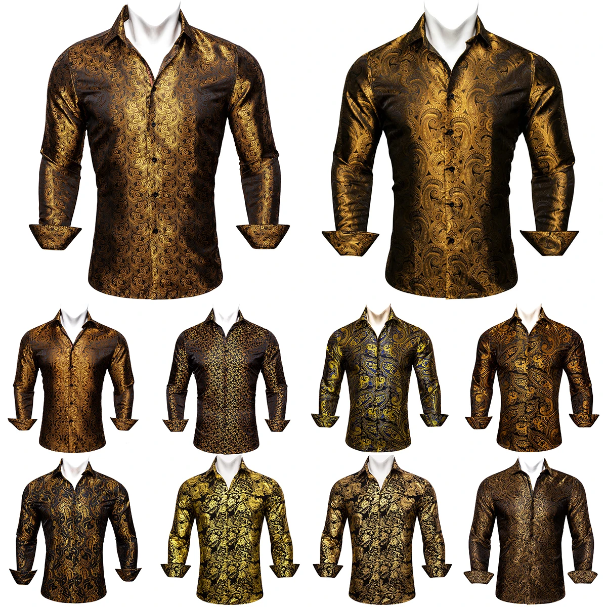 

Silk Shirts for Men Gold Embroidered Paisley Flower Long Sleeve Casual Blouses Slim Fit Clothing Lapel Tops Barry Wang