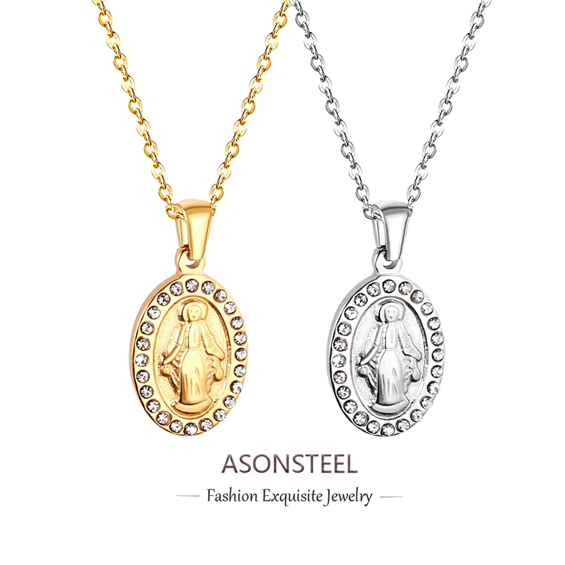 

ASONSTEEL High Quality Relief Pendant Necklaces Cubic Zirconia Inlay Virgin Mary Stainless Steel Women's Men Religious Jewelry