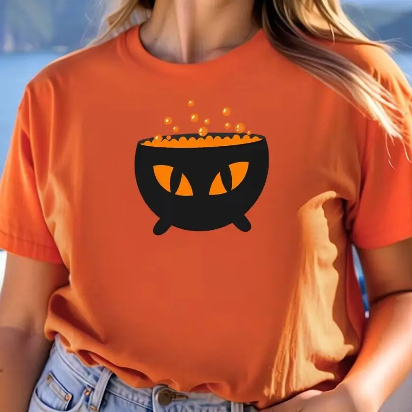 

Y2K Cotton Casual Women's T - Shirt, Short Sleeve Round Neck Fitted, Colorful Cute Cartoon Halloween Cauldron with Bubbles Print