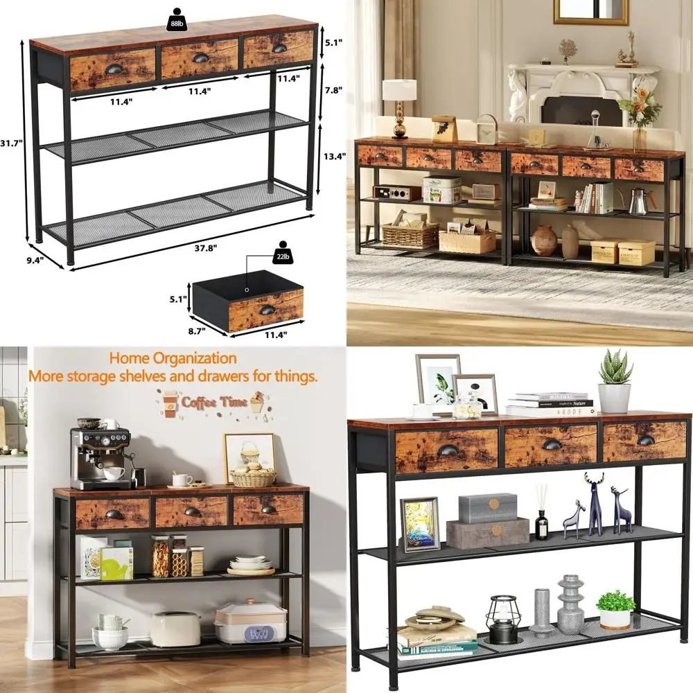 

38 Rustic Brown Console Table with 3 Fabric Drawers for Entryway, Living Room, and Foyer Storage