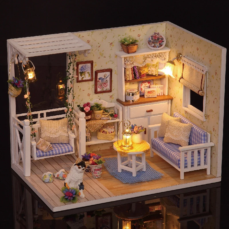 Kitten Mini Doll House Model Building Assembled House Home Kit Creative Room Bedroom Decoration with Furniture Birthday Gifts