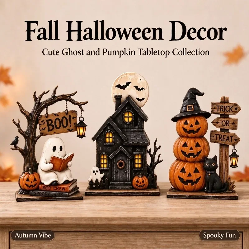 Vintage Halloween Wooden Ornaments 2D Flat Reading Ghosts Haunted House Pumpkin Figurines Desktop Party Decor Home Accessories