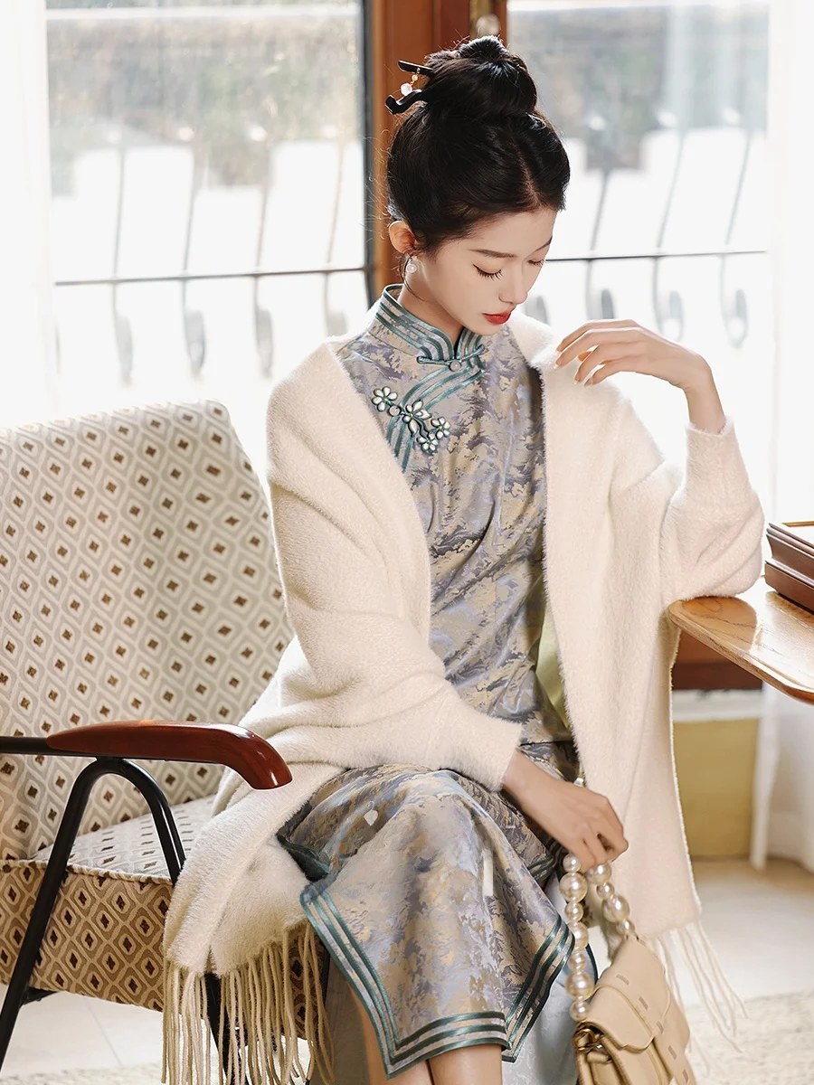 

Белое тонкое зимнее свадебное пальто Ципао Dr с шило, верхняя одежда, шикарное универсальное осенне-зимнее длинное пальто Ципао для помолвки