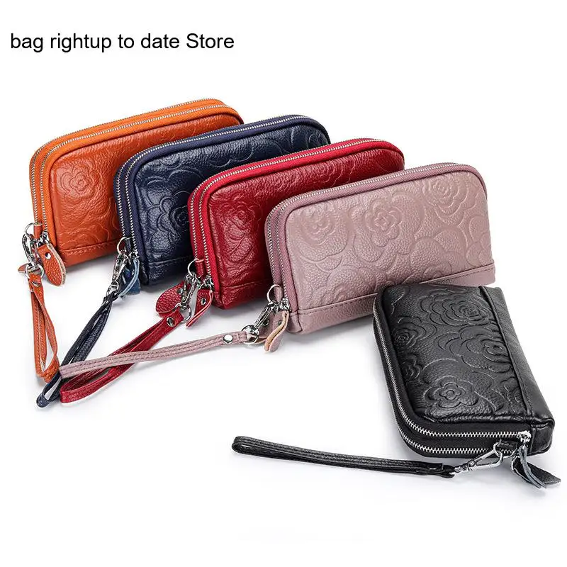 Genuine Leather Large Capacity Double Zipper Long Wallet with Embossed Camellia Flower Handbag for Women