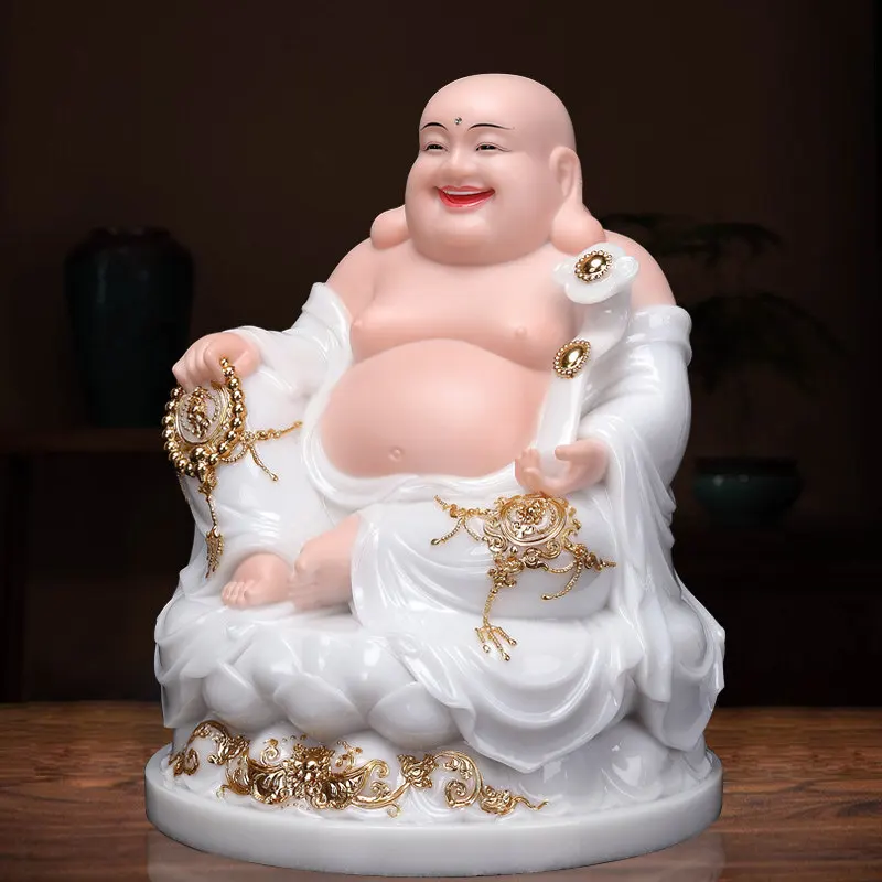 XL Maitreya Buddha Bodhisattva Big Belly Maitreya Buddha White Marble Stone Carving Lucky Laughing Buddha view 3