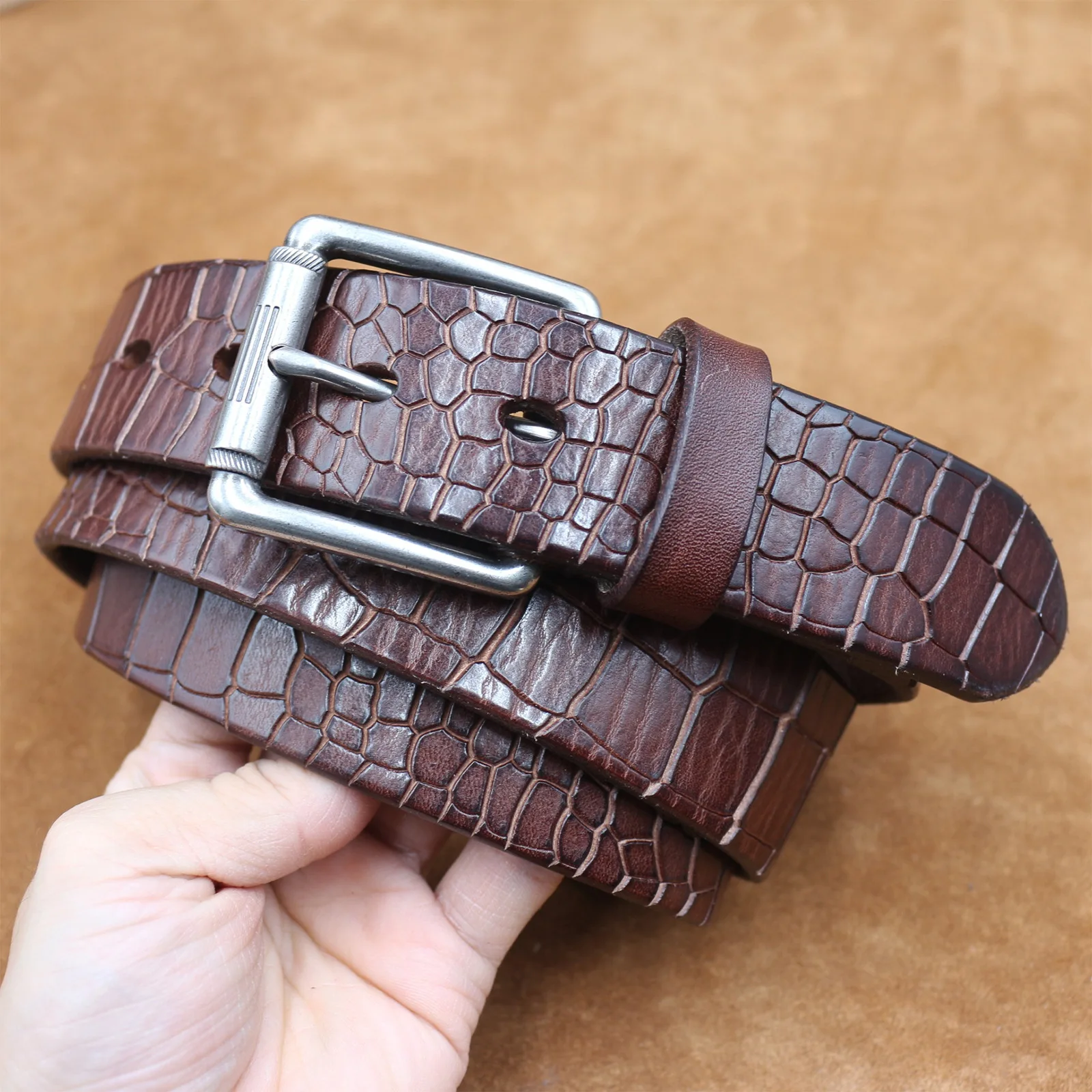 

3.8CM New Style Men Italian Thickened Pure Cowhide Crocodile Pattern Genuine Leather Belt Male Retro Versatile Jeans Strap Belts