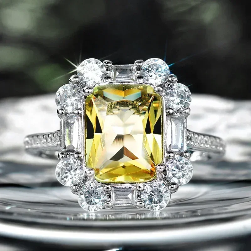 Huitan Gorgeous Square CZ Design Women Wedding Ring Marriage Ceremony Party Bridal Finger  Yellow Color Stone Luxury Jewelry
