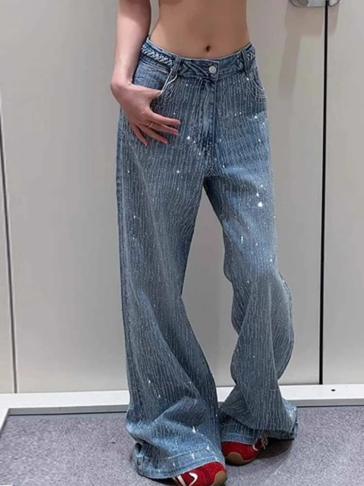 BKQU Luxe Y2K Diamanten Jeans Vrouwen Esthetische Hoge Taille Losse Wijde Pijpen Denim Broek 2025, Mode Sparkly High Street Broek