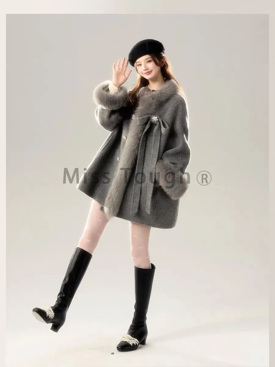 Winter Loose Button Vintage Gray Overcoat Women Korean Fashion Warm Hoodie Casual Outerwear New Design Chic Retro Wool Coat 2024
