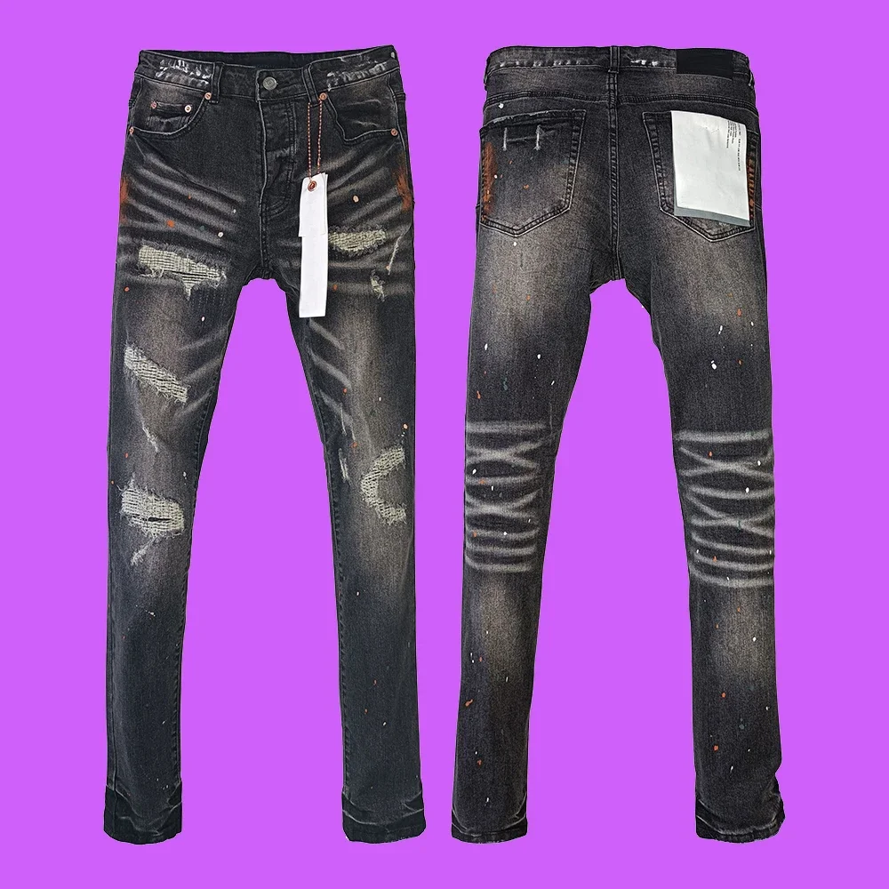 Purple roca jeans Brand new jeans American retro high street ripped personality patch trend stretch jeans pants