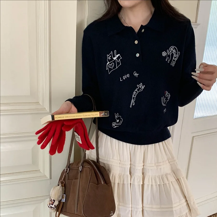 

Women's Casual Embroidered Knitted Sweater Long Sleeve Pullover Top for Autumn 2025 New Arrival