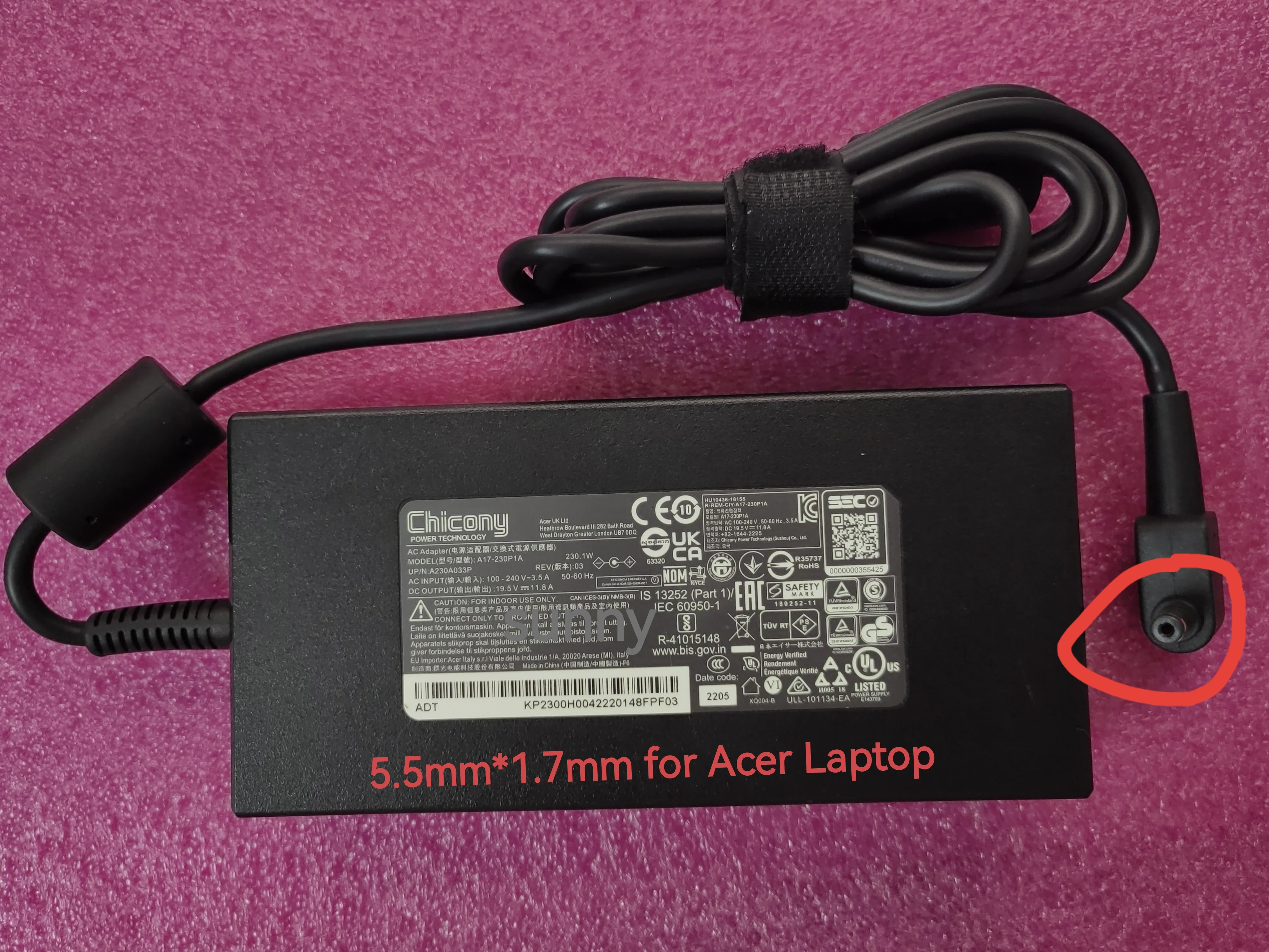 OEM Chicony 19.5V 11.8A A17-230P1A For Acer Predator Triton 300 N20C3 PT315-52-78L8 Gaming Laptop 5.5*1.7mm 230.1W AC Adapter