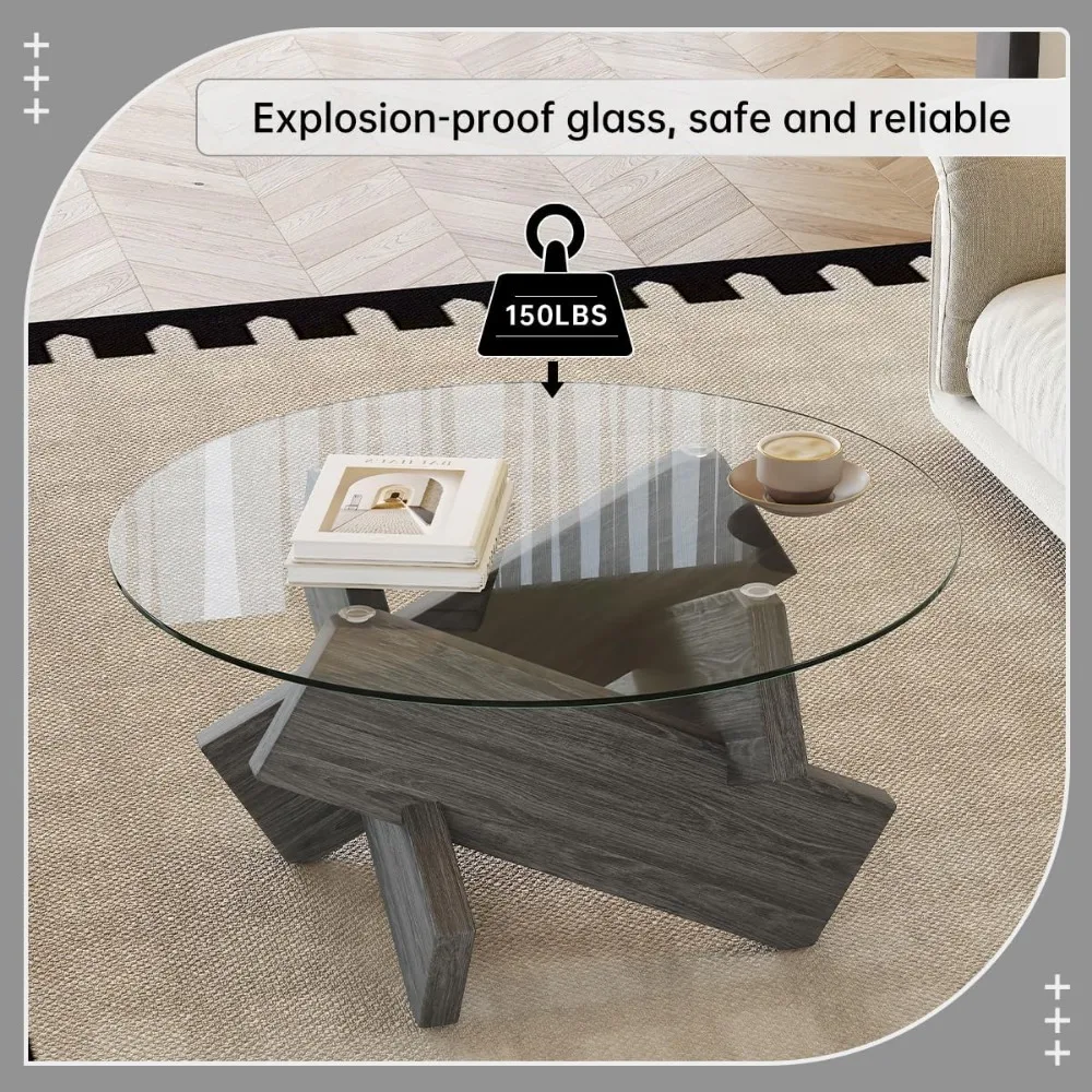 Modern Clear Glass Coffee Table 33-Inch Round Small Living Room Accent Table Suitable for Farmhouse and Contemporary Styles