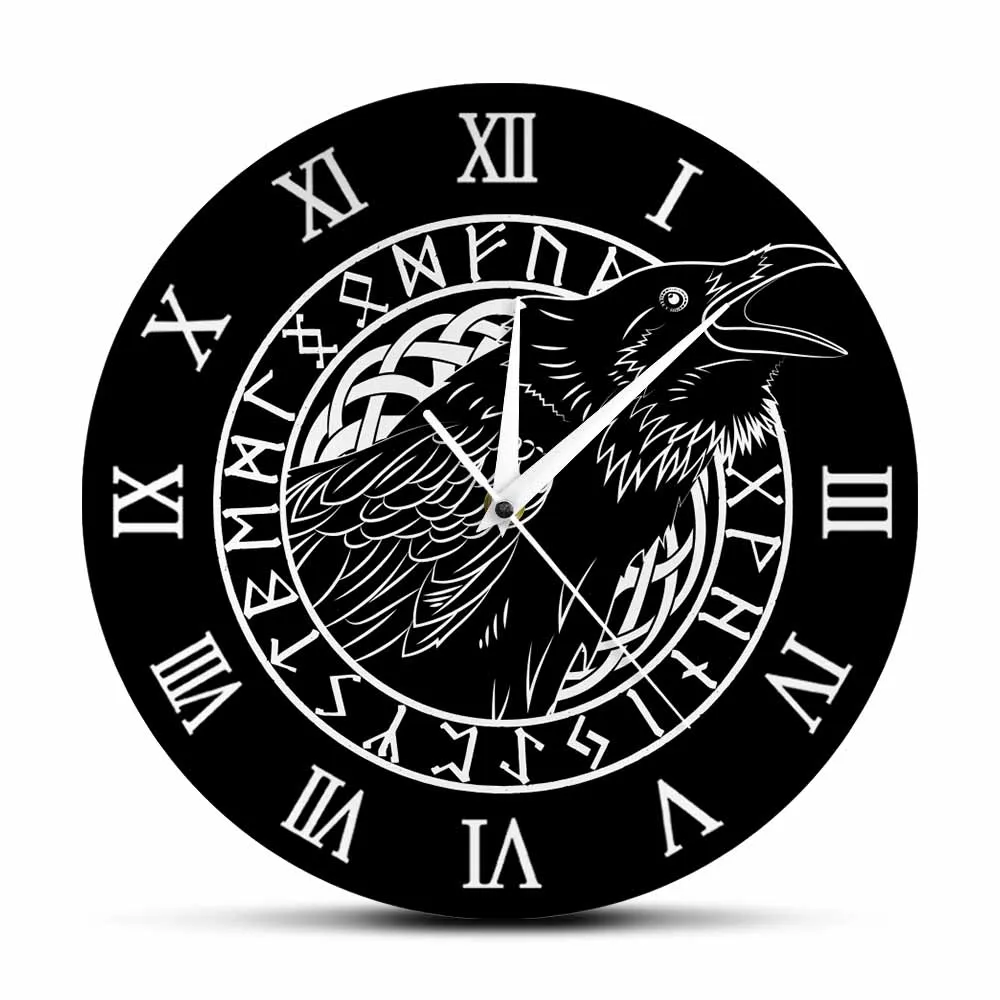 Odin Raven mit Skandinavischen Runes Stille Sweep Wanduhr Nordischen Nordic Wohnkultur Alten Crow Viking Runes Schwarz Wand Uhr