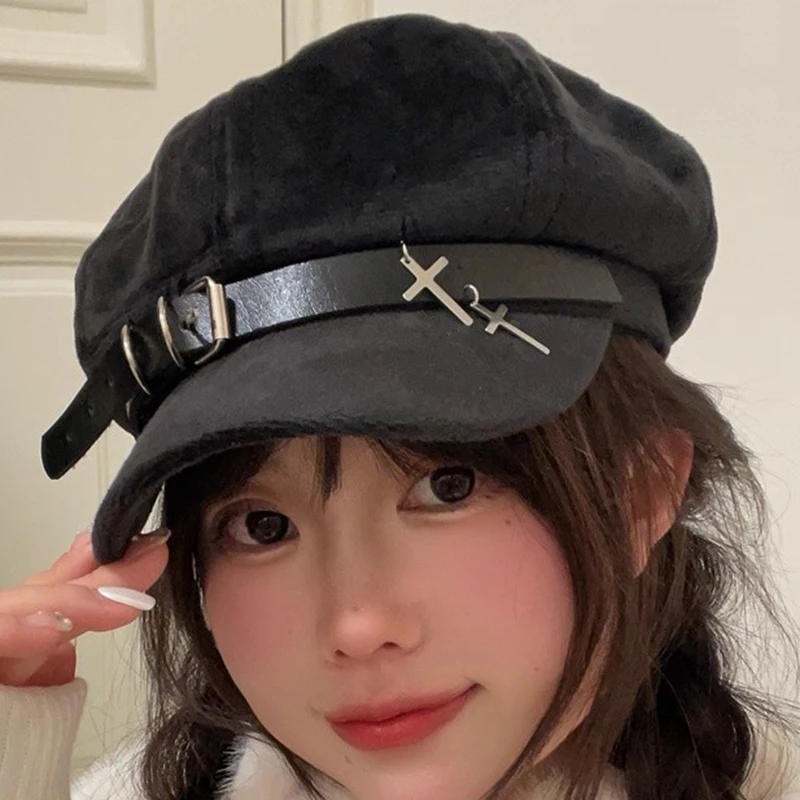 

Women Y2K Harajuku Gothic Lolita Beret Hat Cap Eirls Y2K Girls Bow Punk Lace Handmake Decorative Sun Hats with Cross Pendant