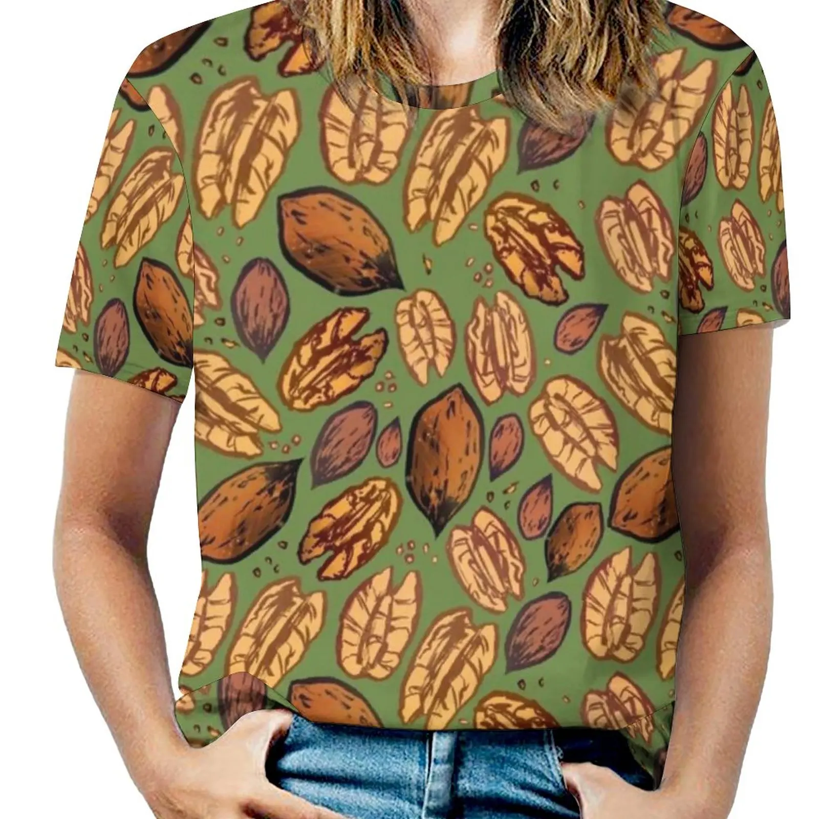 Pecan Nuts Fashion Print Women Ladies Girls T-Shirt Harajuku Round Neck Short Sleeve Tops & Tees Nuts Pecan Fruity Seeds Seed