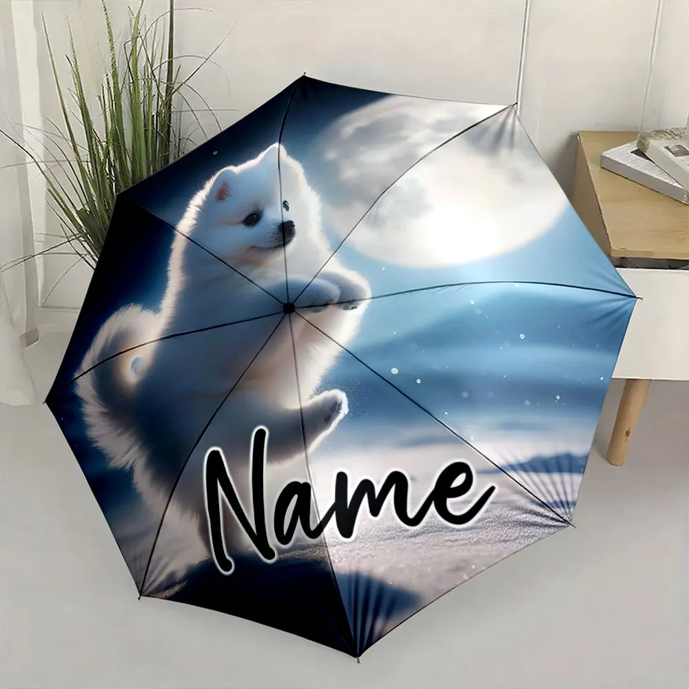 Custom Name Adorable Puppy Under Moonlit Sky Umbrella 8 Iron Ribs Folding Umbrella Auto-Open Fashionable Sunshade Deluxe Gift