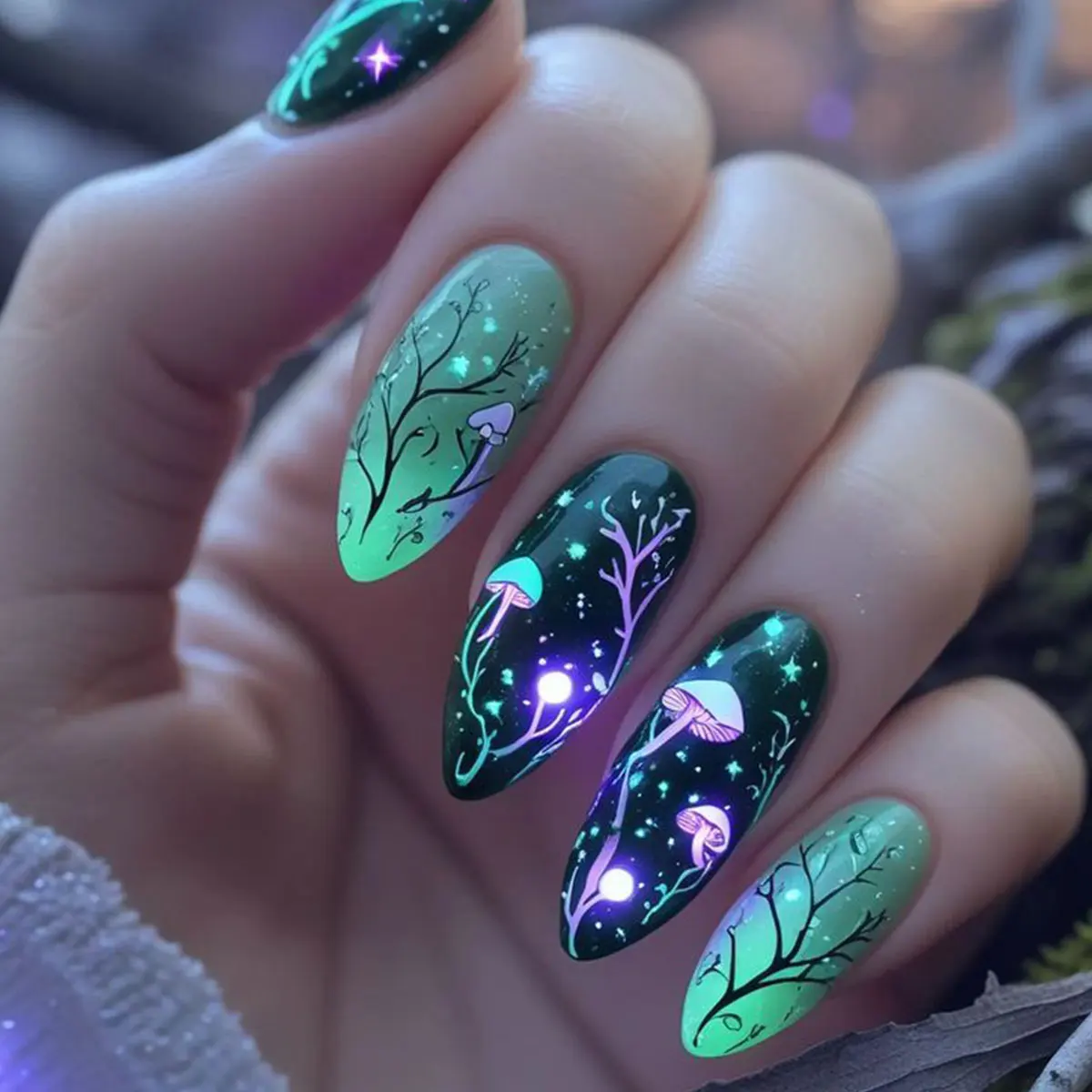 

Almond Press on Nails Mushroom Fake Nails Leaf Smudge Design Press on Nails 3d Datachable Full Cover False Nails Tips