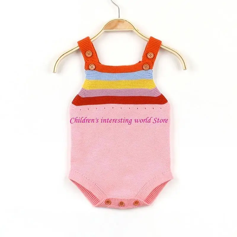 Pasgeboren baby baby zomer mouwloze bodysuit gebreide regenboog gestreepte knop voor romper peuter voor tanktop ju 425F