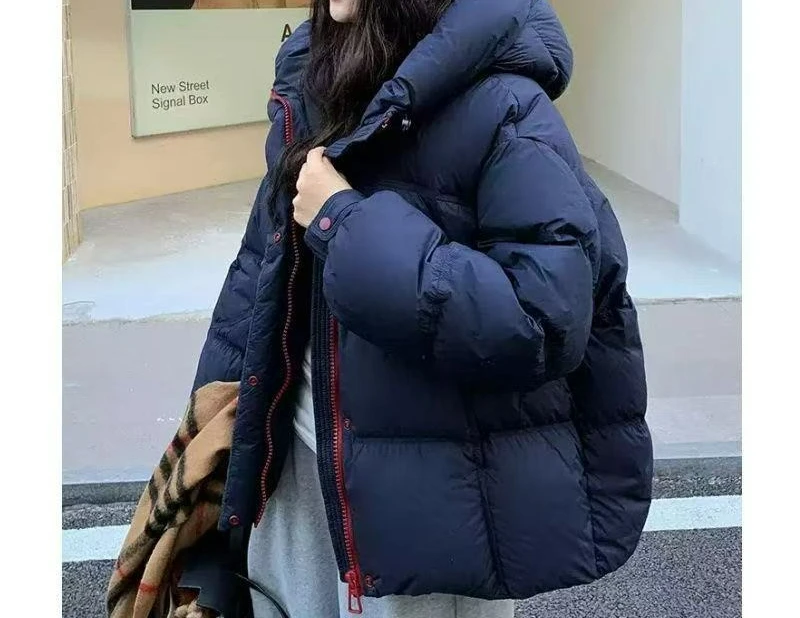 

Navy Blue Hooded Short Down Cotton Jacket for Women Winter New Fashion Versatile Casual Thickened Puffer Jacket