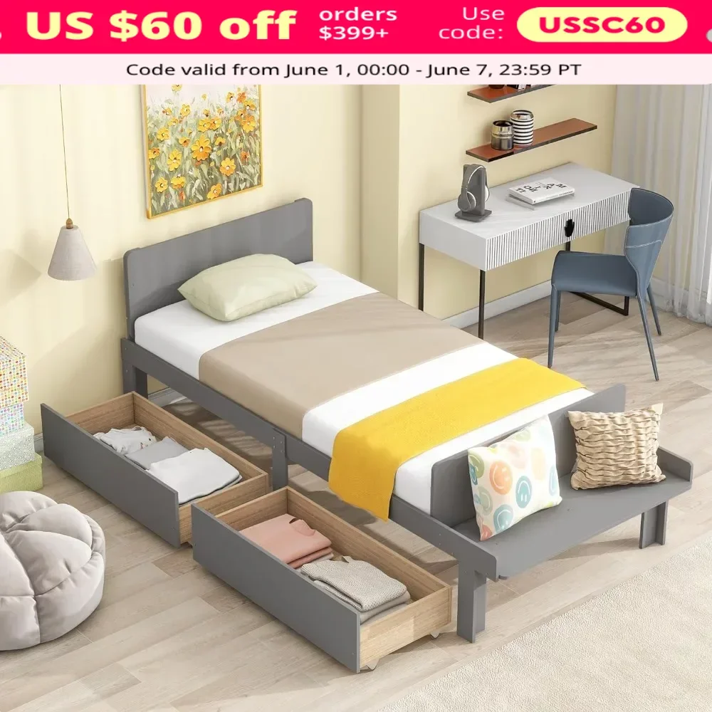 

Bed Frame for Children's Twin Beds with 2 Drawers, Storage Platform Bed with Footrest Bench, No Box Springs Required, Grey