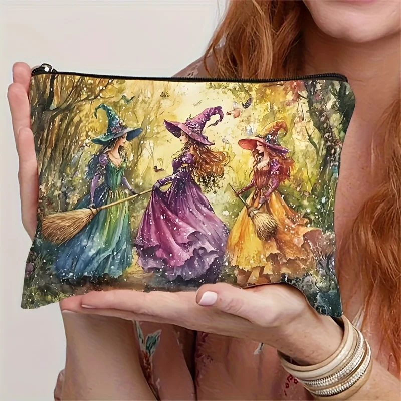 

Vintage Witch Resin Makeup Bag Vivid Autumn Forest Design Secure Zipper Closure Versatile Cosmetic Toiletries Makeup Travel Bag
