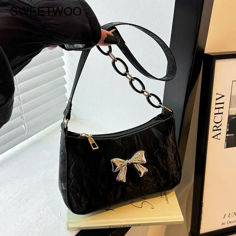 Bow Decor Pu Underarm Shoulder Bag Y2K Style Chain Crossbody Bag Cute Design for Young Girls Daily Outing