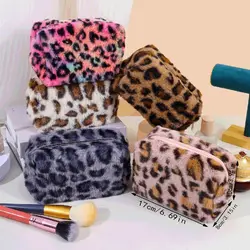 Large Capacity Leopard Print Plush Makeup Bag Cosmetic Storage Bag Zipper Toiletry Bag Wash Pouch Travel Organizer