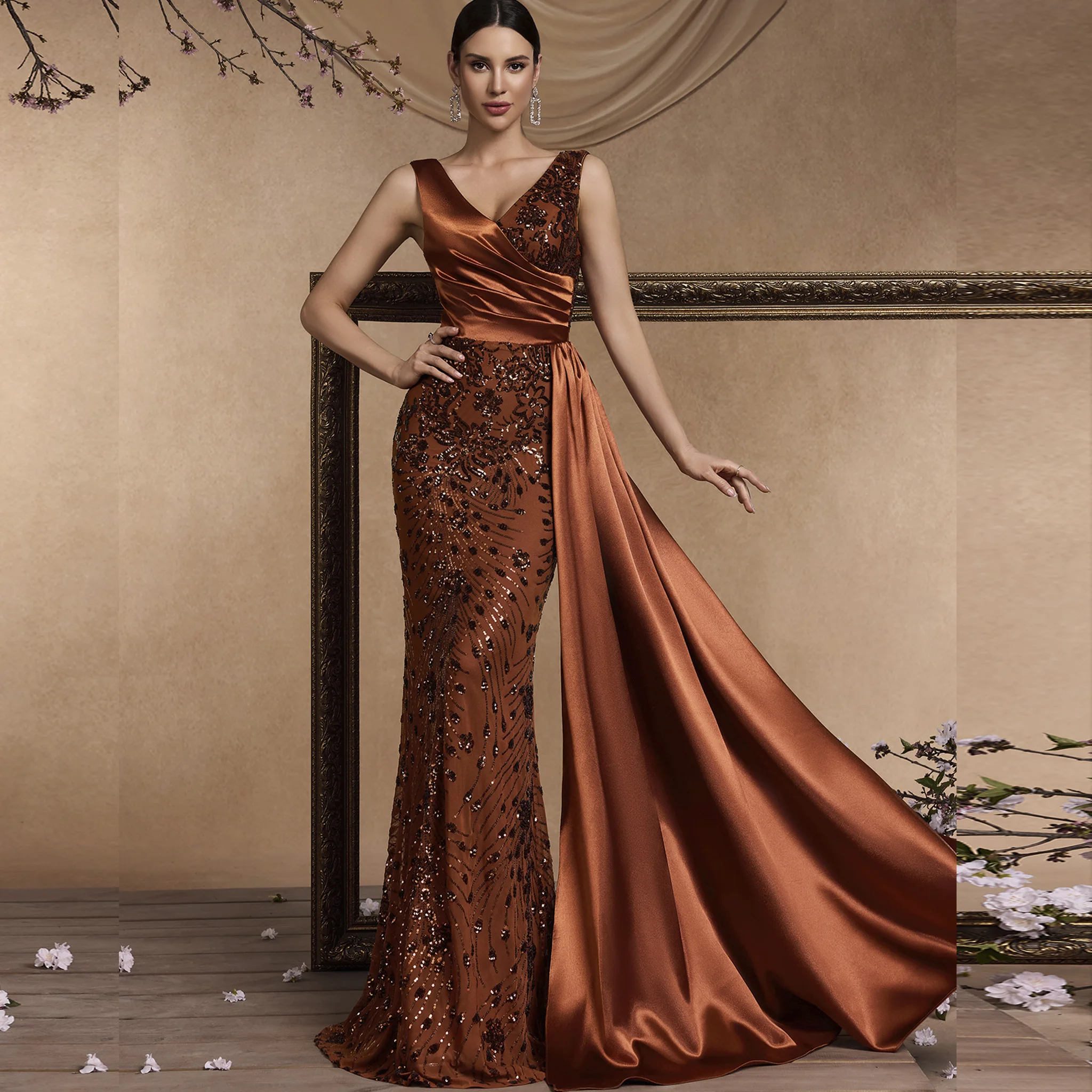 فستان Rosymae سباركلي مزدوج على شكل حرف V للحفلات الراقصة أنيق عالي الجودة مزين بالترتر اللامع لحفلات الزفاف والمناسبات الخاصة