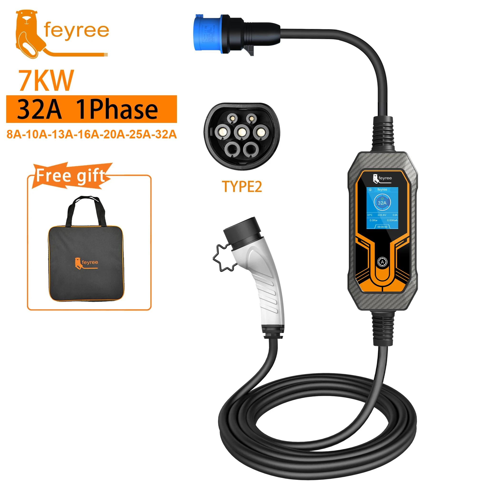 feyree Portable EV Charger Wallbox Type2 Cable 32A 7KW with CEE Plug EVSE Type1 Charging Box j1772 Adapter for Electric Vehicle