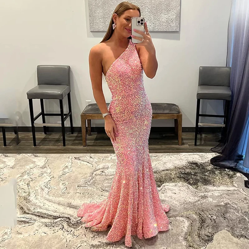 One Shoulder Prom Dresses  Sequins Women Dinner Formal Party Sparkly Evening Mermaid Dance Trumpet Gala Catwalk Gown Vestido De