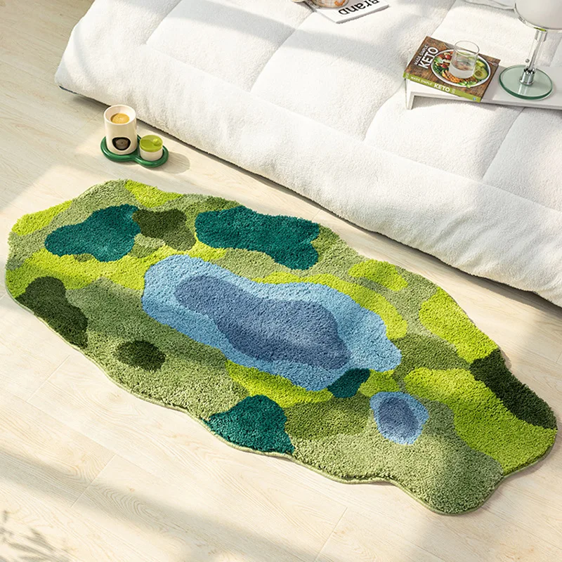 

Ins Forest Moss Tuffed Bedroom Carpet Bedside Balcony Floor Rugs Irregular Long Home Entrance Mat Thick Table Carpet Washable