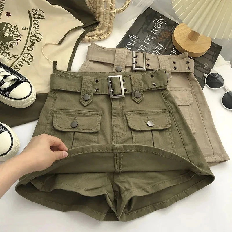 Y2K Streetwear Cargo Mini Skirt Women High Waist Belt Denim Shorts Skirts Vintage Korean Pocket Jeans Casual A Line Skirts