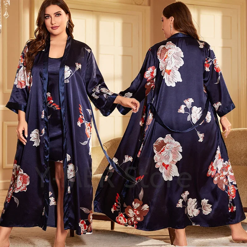 

Халат большого размера, женское атласное кимоно с цветочным принтом, банное платье с v-образным вырезом, одежда для сна, серый халат, ночная рубашка, летняя одежда для дома с поясом