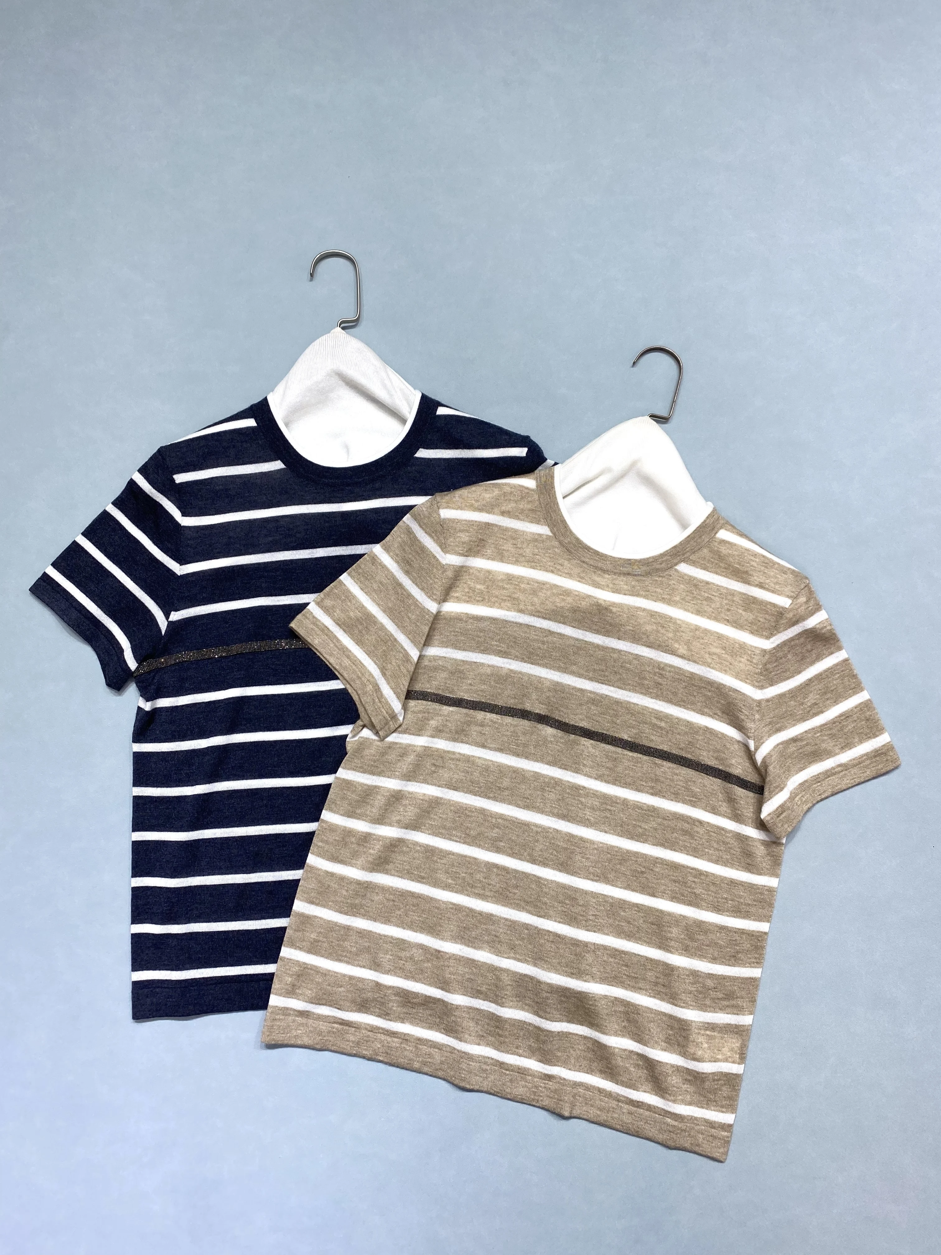 

Spring And Summer New Style Bead Necklace Classic Striped Casual Round Neck Short-Sleeved T-Shirt For Women, Versatile And Slim