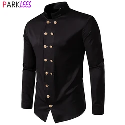 Mens Black Steampubk Double Breasted Dress Shirts Long Sleeve Punk Rock Gothic Shirt Men Halloween Party Prom Chemise Homme 2XL