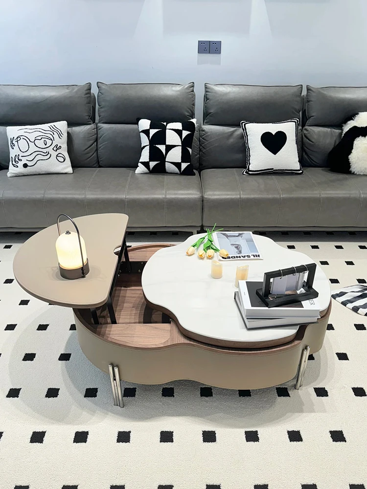 Modern Minimalist Microlite Coffee Table Living Room Lifting Rotating Saddle Leather Coffee Table Multifunctional Coffee Table