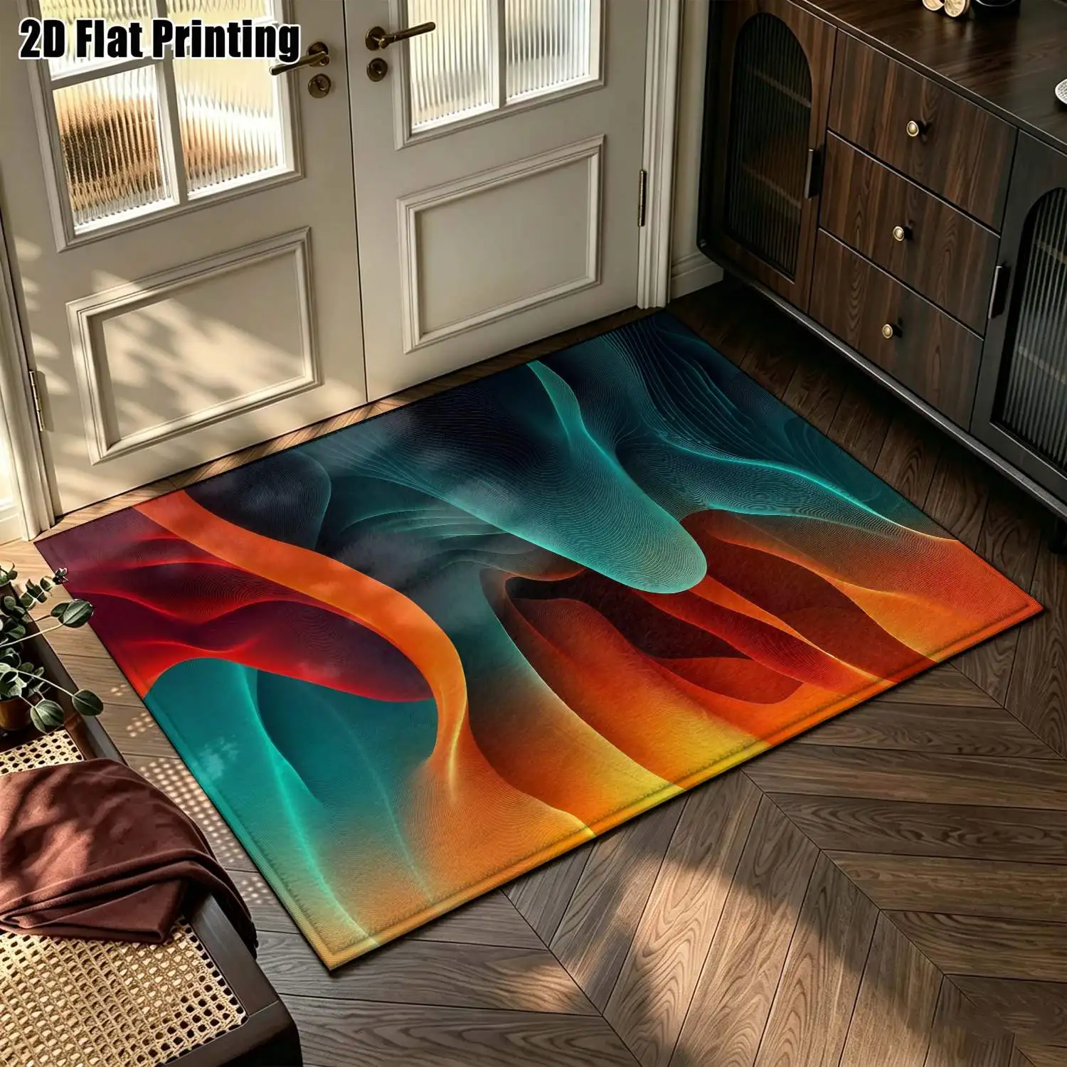 1Pc 2D Printed Carpet: Orange-Blue Gradient Abstract Art Nordic/Instagram-Style Modern Minimalist Geometric Striped Floor Mat, Machine Washable, Multi-Size, Suitable for Entrance, Dining Room, Foyer, Bedroom, Living Room Home Decor