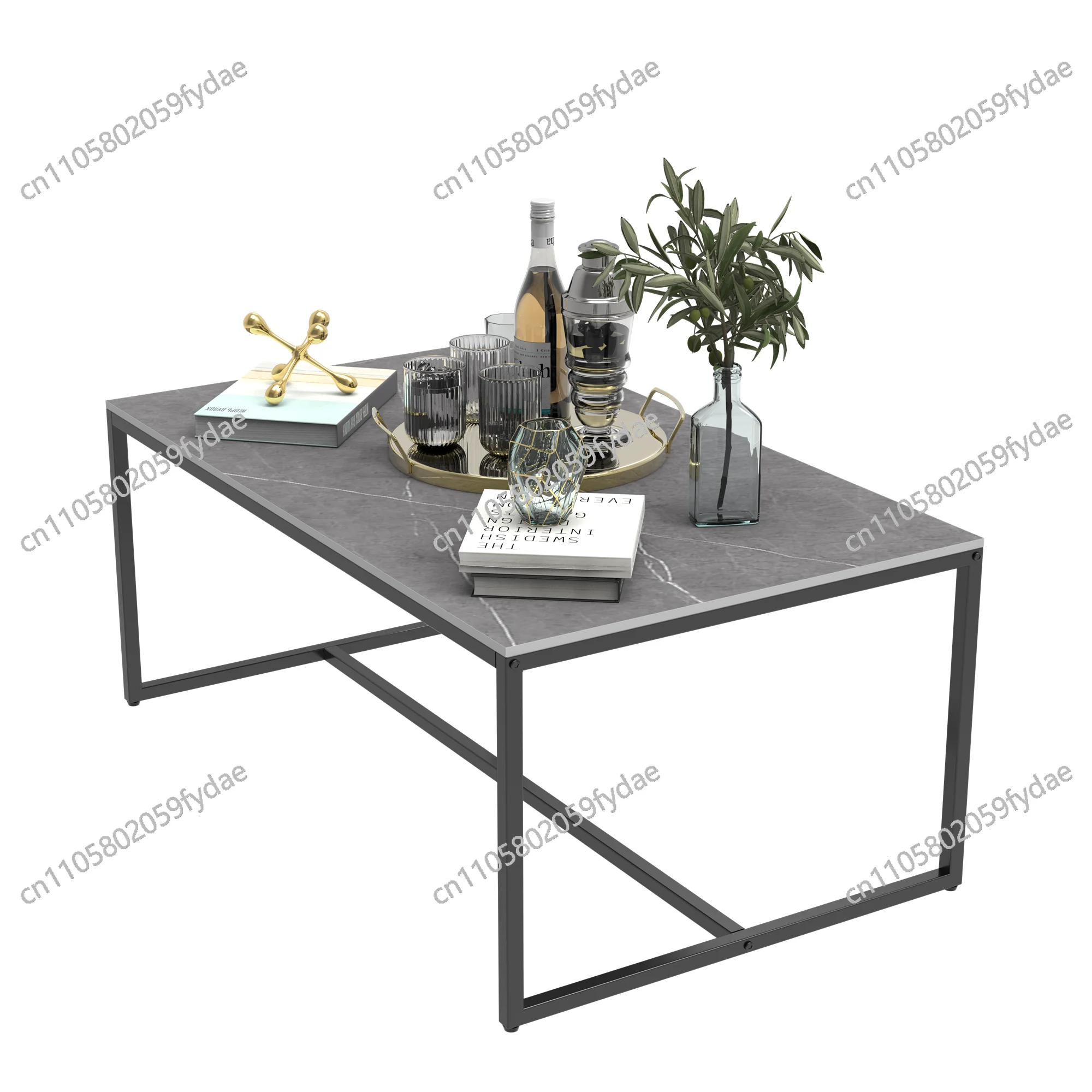Coffee Table: Grey Sofa Center Table with Black Metal Frame - Rectangular Furniture Decor Table for Living Room