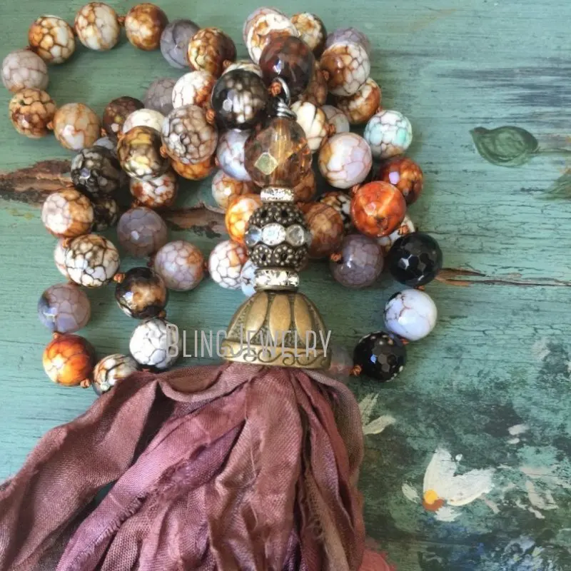 NM15486 Plum Sari Silk Tassel on Brown Crackled Fire Agate Beads Necklace Shabby Bohemia Urban Hippies Jewelry For Women