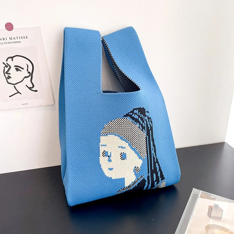 Girl Figure Pattern Knitted Handbag Trendy Handmade Women Shoulder Bag Reusable Vest Leisure Tote Korean Students Lunch Box Bags