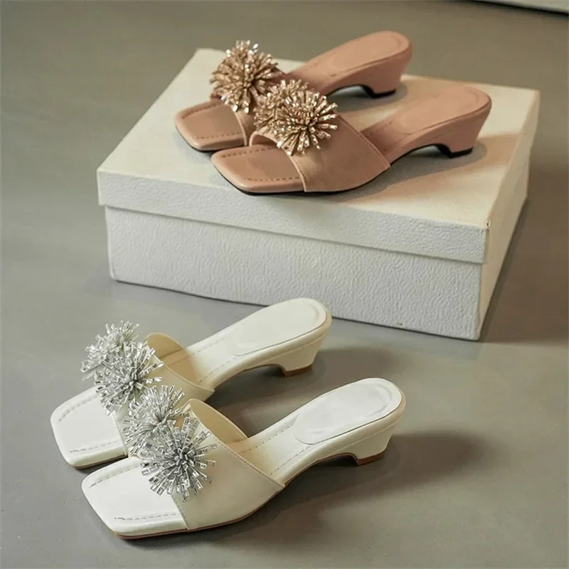 

Aneikeh Summer Comfortable Women White Low Block Heel Mules Slippers Fashion Rhinestone Flower Square Toe Party Dress Slide Shoe