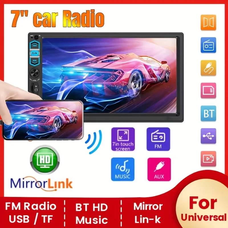 

7-дюймовая двойная 2-диночная автомобильная стереосистема для CarPlay и Android HD с сенсорным экраном Автомобильный радиоприемник MP5 с зеркальной связью USB FM EQ AUX